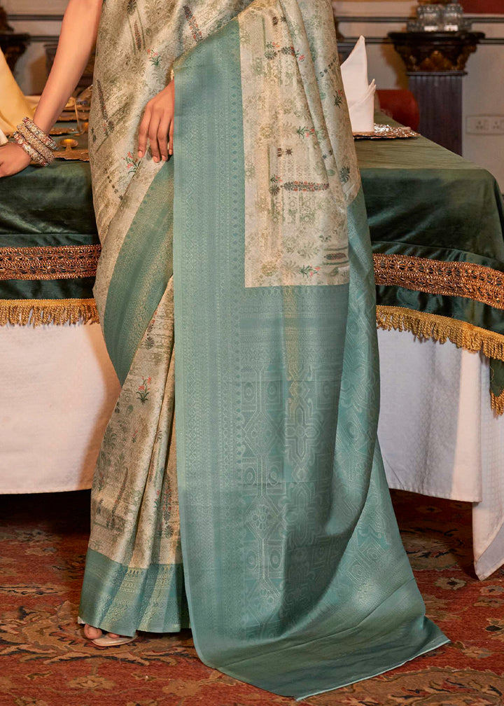Blue & White Tussar Silk Saree Adorned with Digital Prints and Zari Border