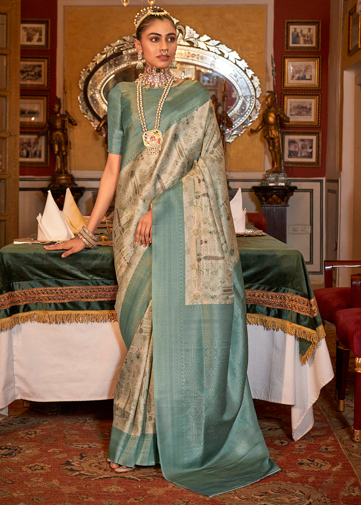 Blue & White Tussar Silk Saree Adorned with Digital Prints and Zari Border