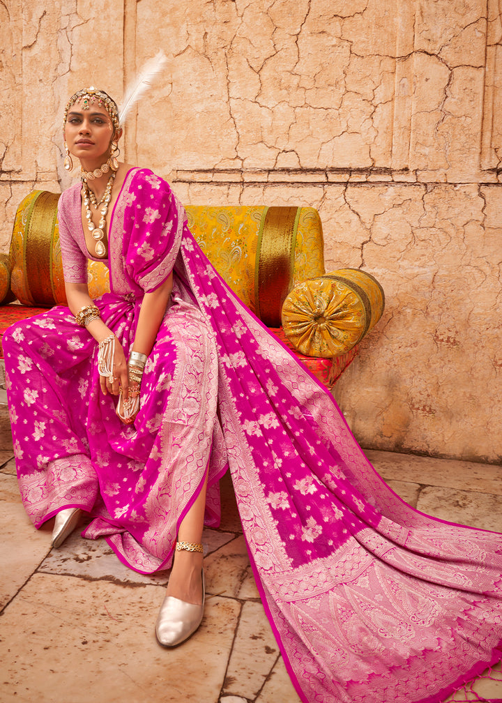 Hot Pink Georgette Silk Saree with Woven Pallu & Border