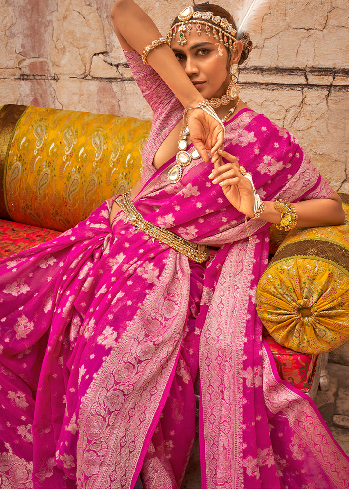 Hot Pink Georgette Silk Saree with Woven Pallu & Border