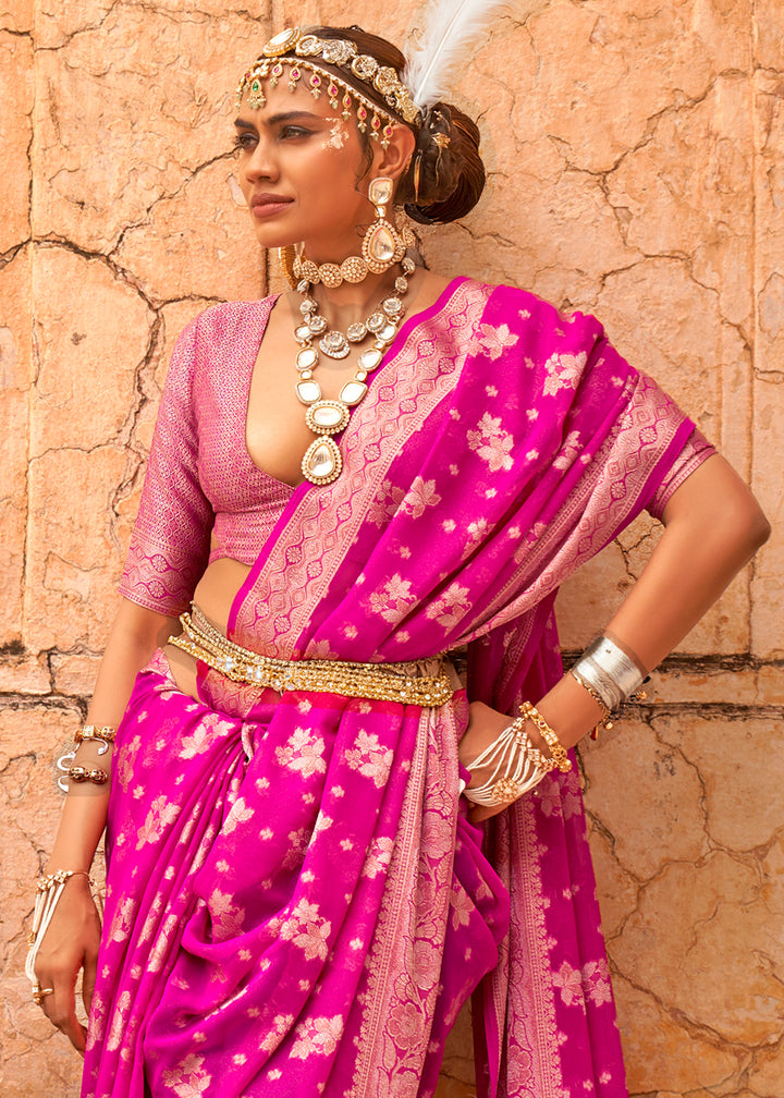 Hot Pink Georgette Silk Saree with Woven Pallu & Border