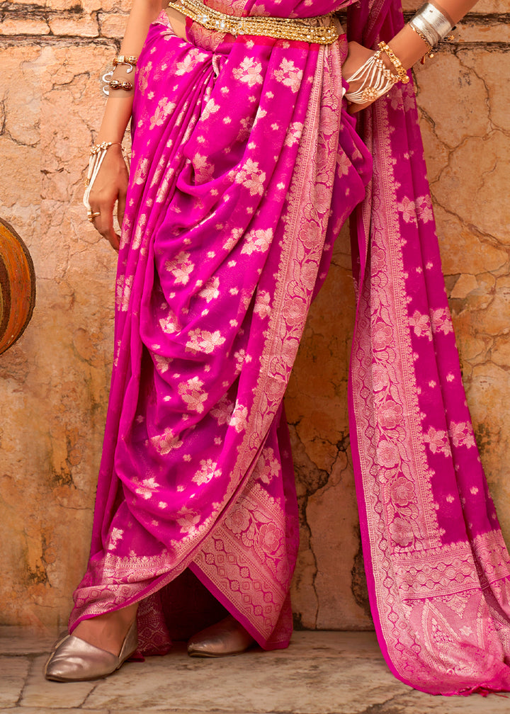 Hot Pink Georgette Silk Saree with Woven Pallu & Border