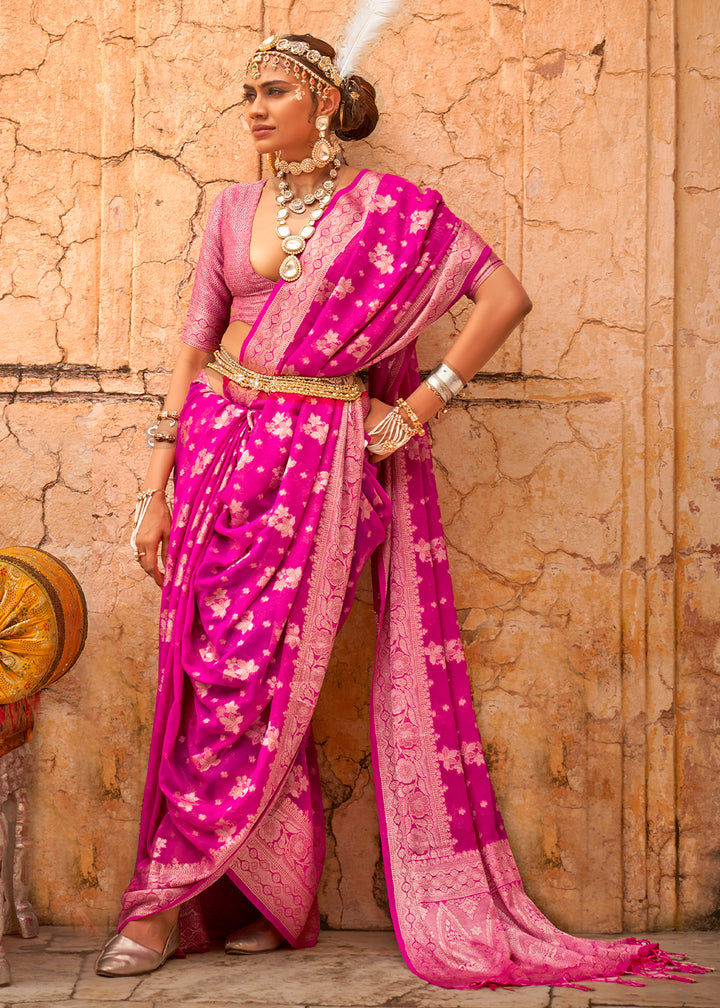 Hot Pink Georgette Silk Saree with Woven Pallu & Border