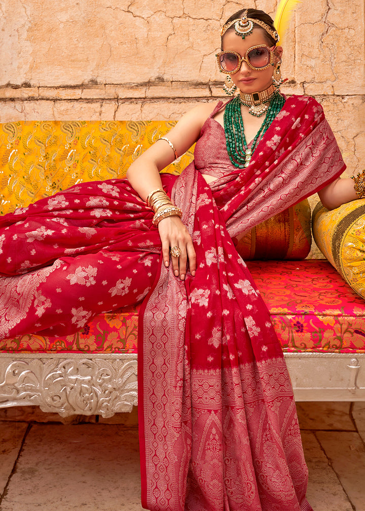 Scarlet Red Georgette Silk Saree with Woven Pallu & Border