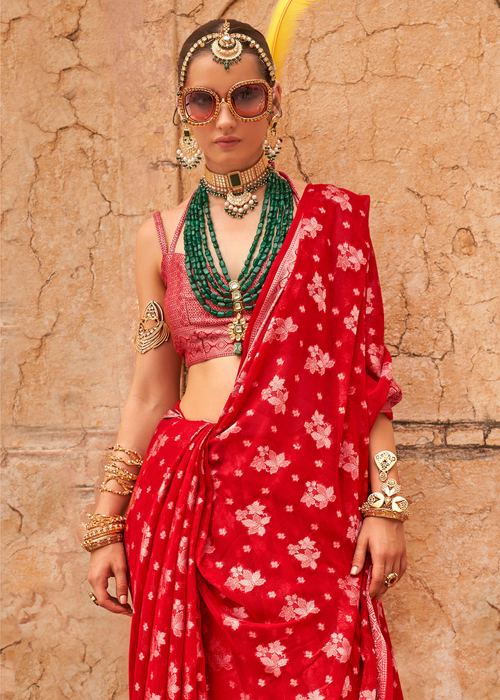 Scarlet Red Georgette Silk Saree with Woven Pallu & Border