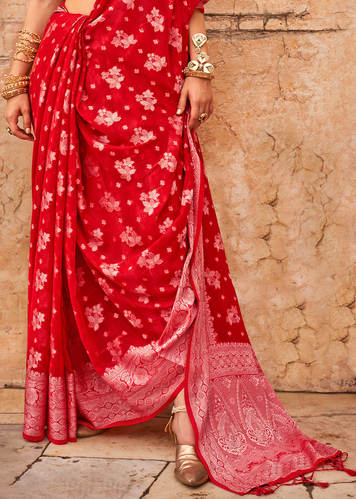 Scarlet Red Georgette Silk Saree with Woven Pallu & Border