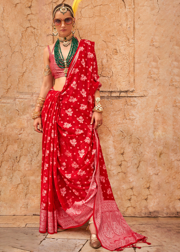 Scarlet Red Georgette Silk Saree with Woven Pallu & Border