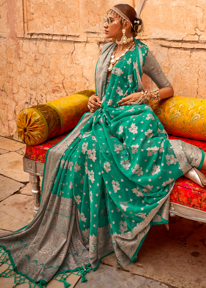 Jade Green Georgette Silk Saree with Woven Pallu & Border