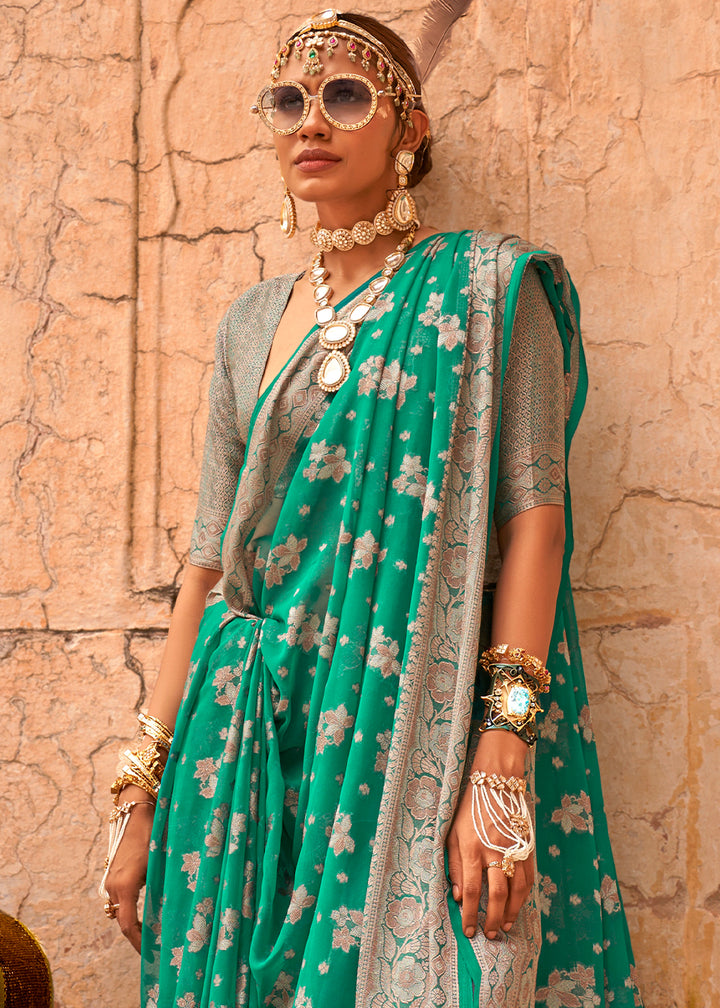 Jade Green Georgette Silk Saree with Woven Pallu & Border