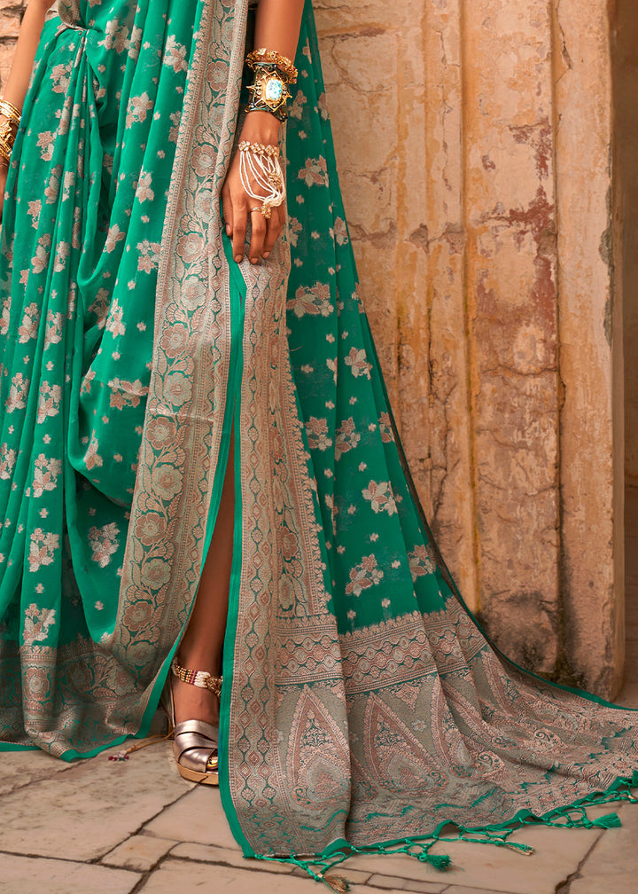 Jade Green Georgette Silk Saree with Woven Pallu & Border