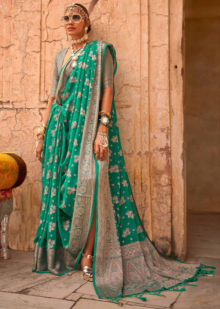 Jade Green Georgette Silk Saree with Woven Pallu & Border