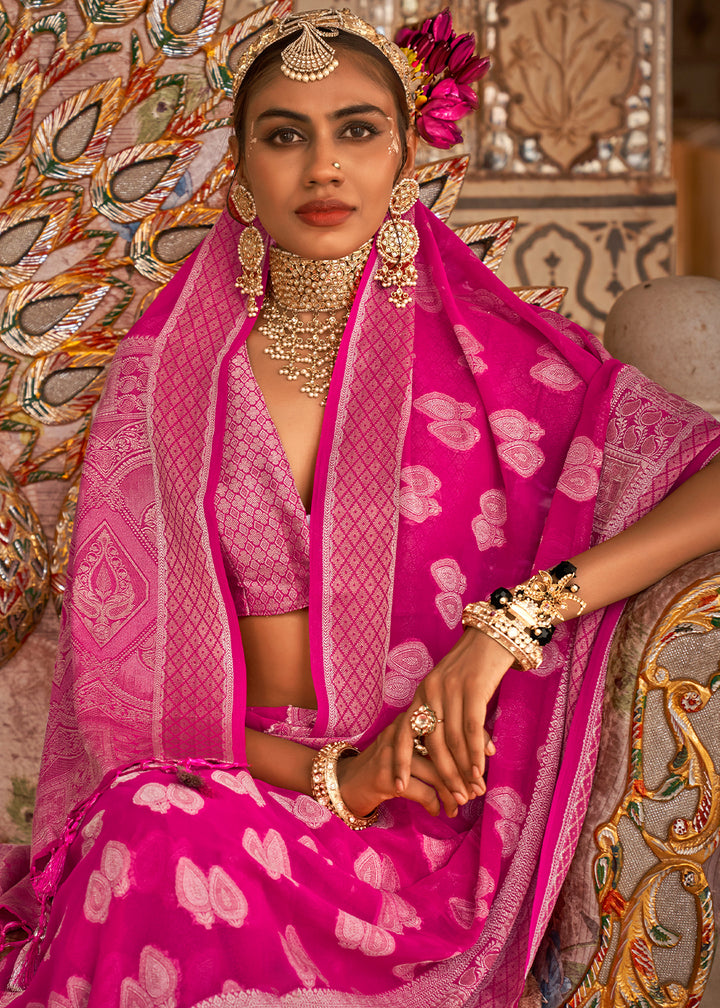 Hot Pink Butti Patterned Silk Designer Saree