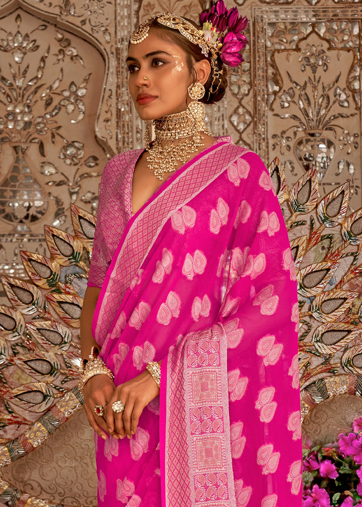 Hot Pink Butti Patterned Silk Designer Saree