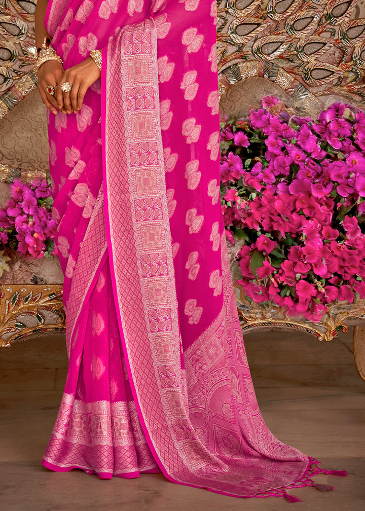Hot Pink Butti Patterned Silk Designer Saree