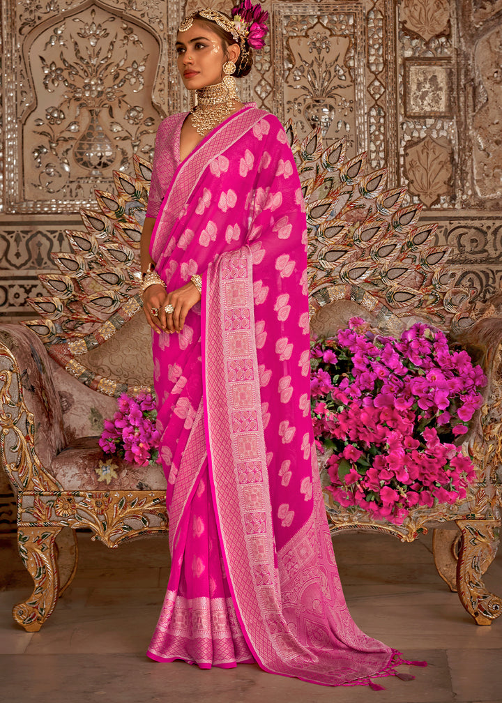 Hot Pink Butti Patterned Silk Designer Saree