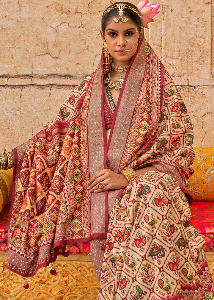 Cream White Patola Print Viscose Silk Saree with Dew Drops & Studs