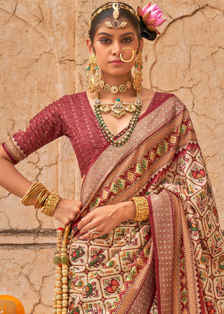 Cream White Patola Print Viscose Silk Saree with Dew Drops & Studs