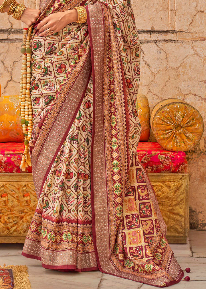 Cream White Patola Print Viscose Silk Saree with Dew Drops & Studs