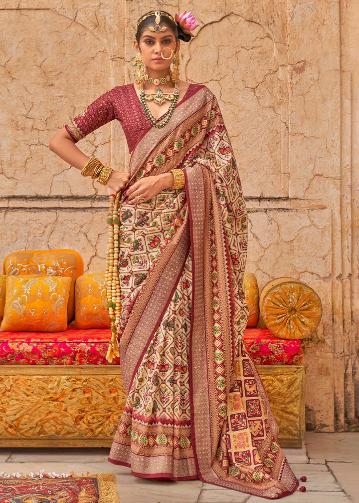 Cream White Patola Print Viscose Silk Saree with Dew Drops & Studs