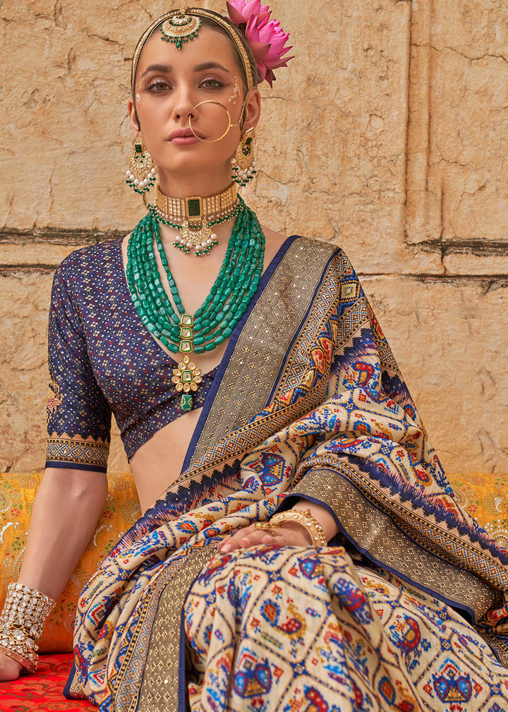 White & Blue Patola Print Viscose Silk Saree with Dew Drops & Studs