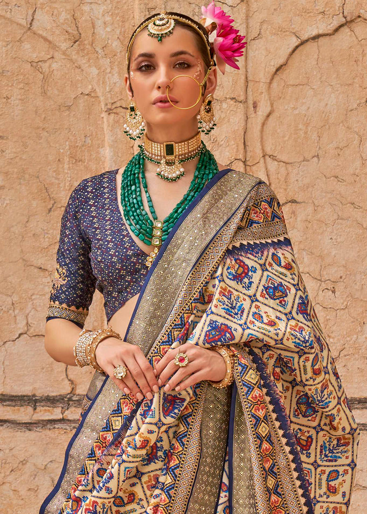White & Blue Patola Print Viscose Silk Saree with Dew Drops & Studs