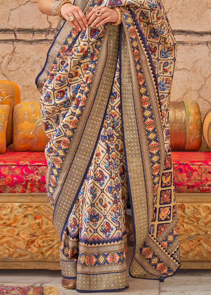 White & Blue Patola Print Viscose Silk Saree with Dew Drops & Studs