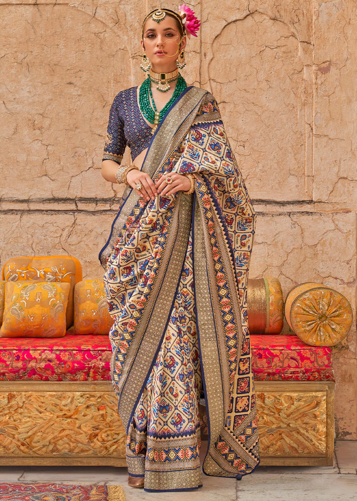 White & Blue Patola Print Viscose Silk Saree with Dew Drops & Studs