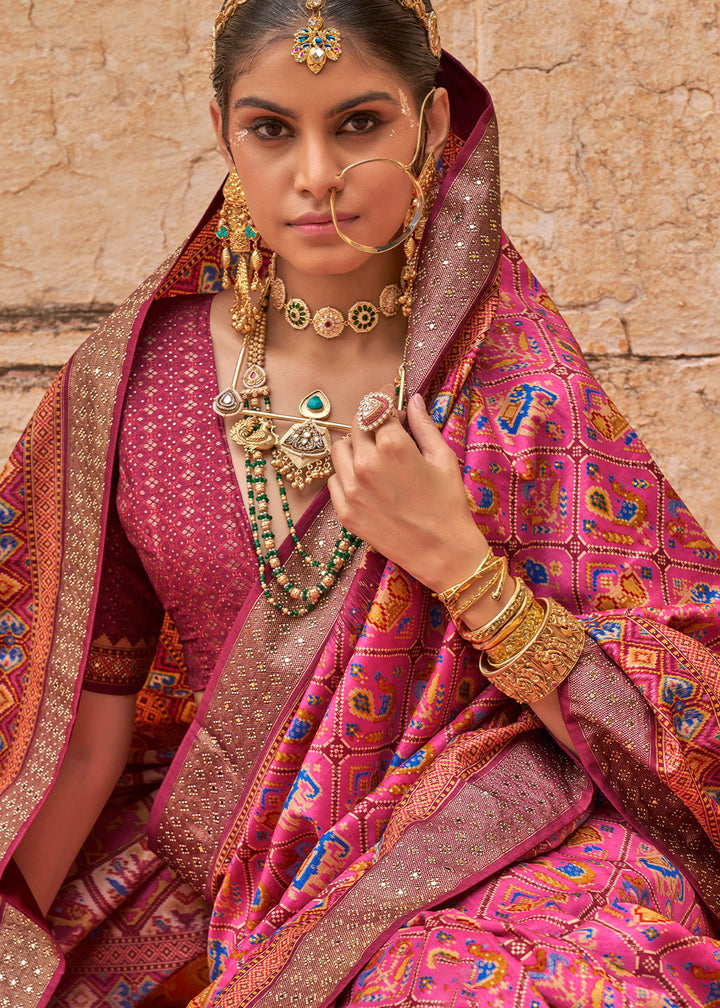 Capri Blue Patola Print Viscose Silk Saree with Dew Drops & Studs