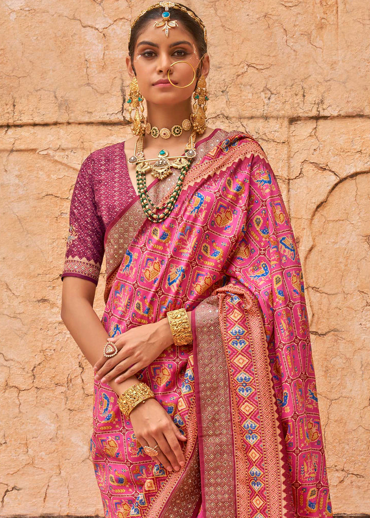 Capri Blue Patola Print Viscose Silk Saree with Dew Drops & Studs