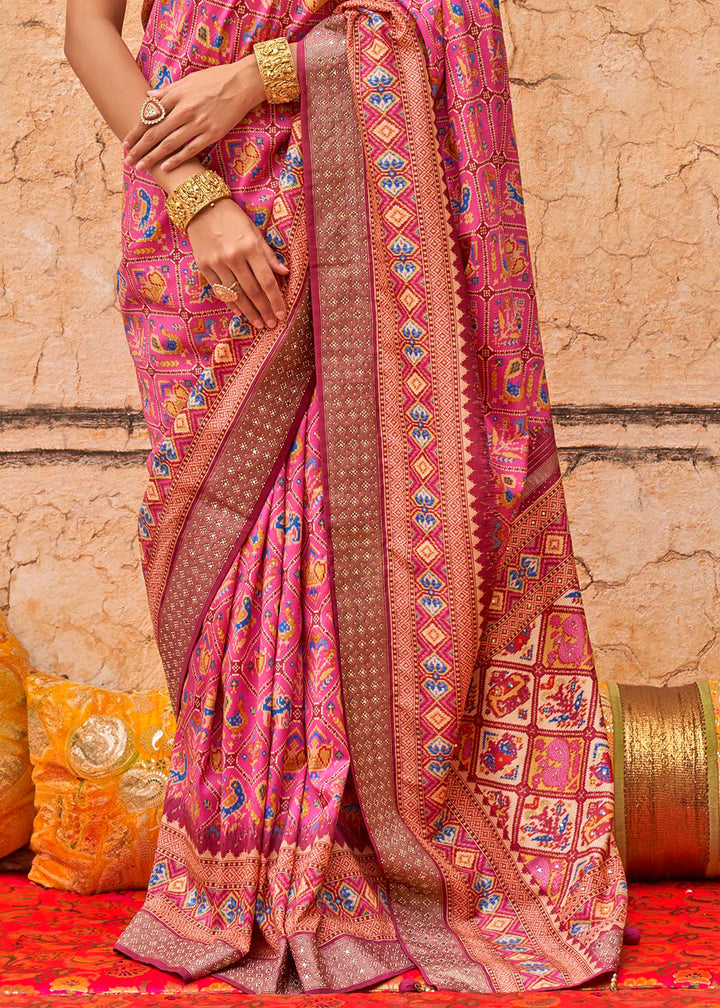 Capri Blue Patola Print Viscose Silk Saree with Dew Drops & Studs