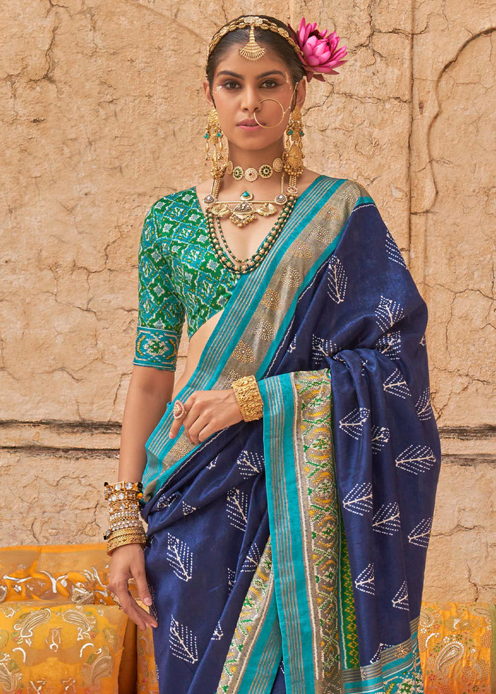 Navy Blue Patola Print Viscose Silk Saree with Dew Drops & Studs
