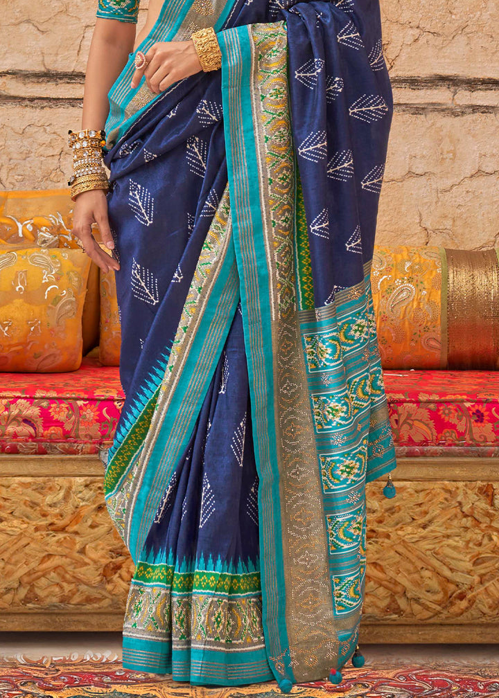 Navy Blue Patola Print Viscose Silk Saree with Dew Drops & Studs