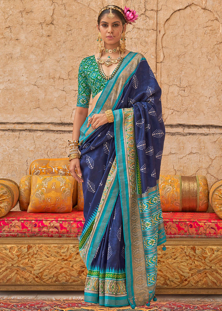 Navy Blue Patola Print Viscose Silk Saree with Dew Drops & Studs