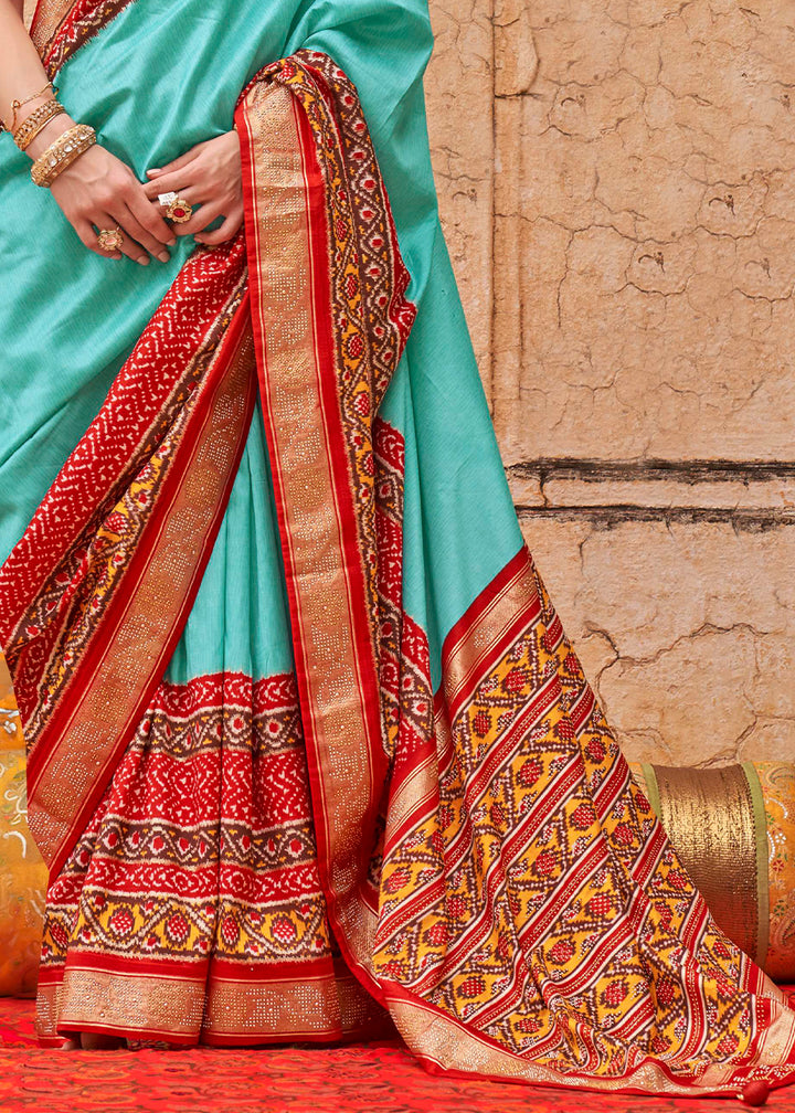 Turquoise Blue Patola Print Viscose Silk Saree with Dew Drops & Studs