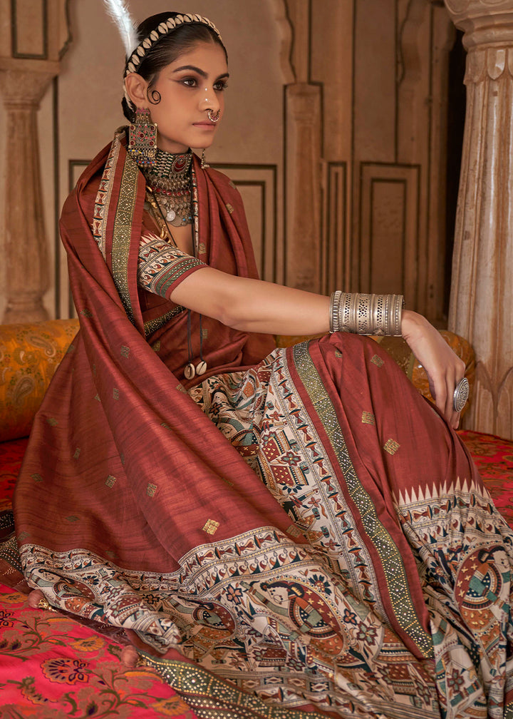 Burnt Umber Brown Viscose Silk Saree with Luxury Print & Dew Drop Detailing
