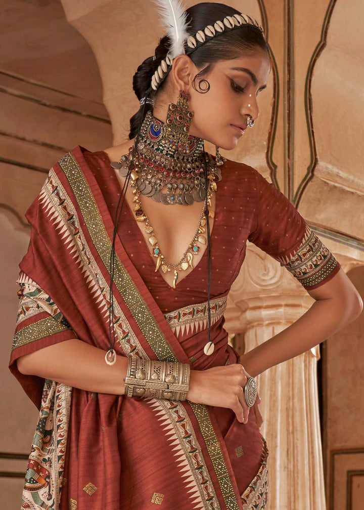 Burnt Umber Brown Viscose Silk Saree with Luxury Print & Dew Drop Detailing