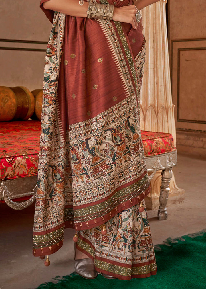 Burnt Umber Brown Viscose Silk Saree with Luxury Print & Dew Drop Detailing