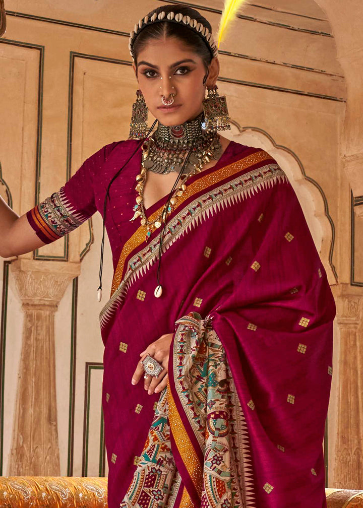 Magenta Pink Viscose Silk Saree with Luxury Print & Dew Drop Detailing