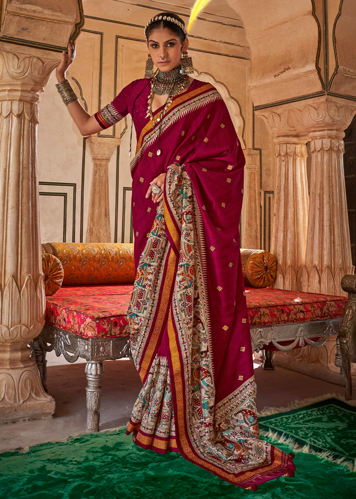 Magenta Pink Viscose Silk Saree with Luxury Print & Dew Drop Detailing