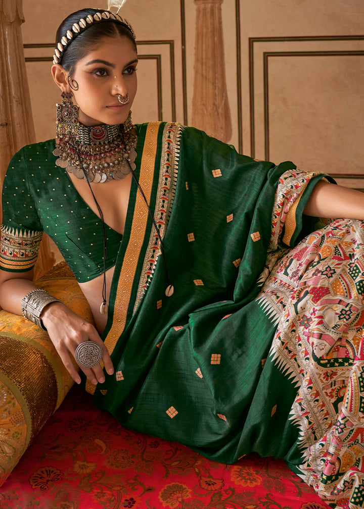 Jungle Green Viscose Silk Saree with Luxury Print & Dew Drop Detailing
