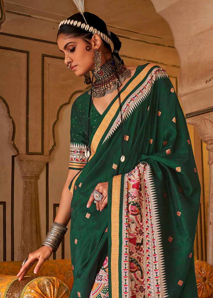 Jungle Green Viscose Silk Saree with Luxury Print & Dew Drop Detailing