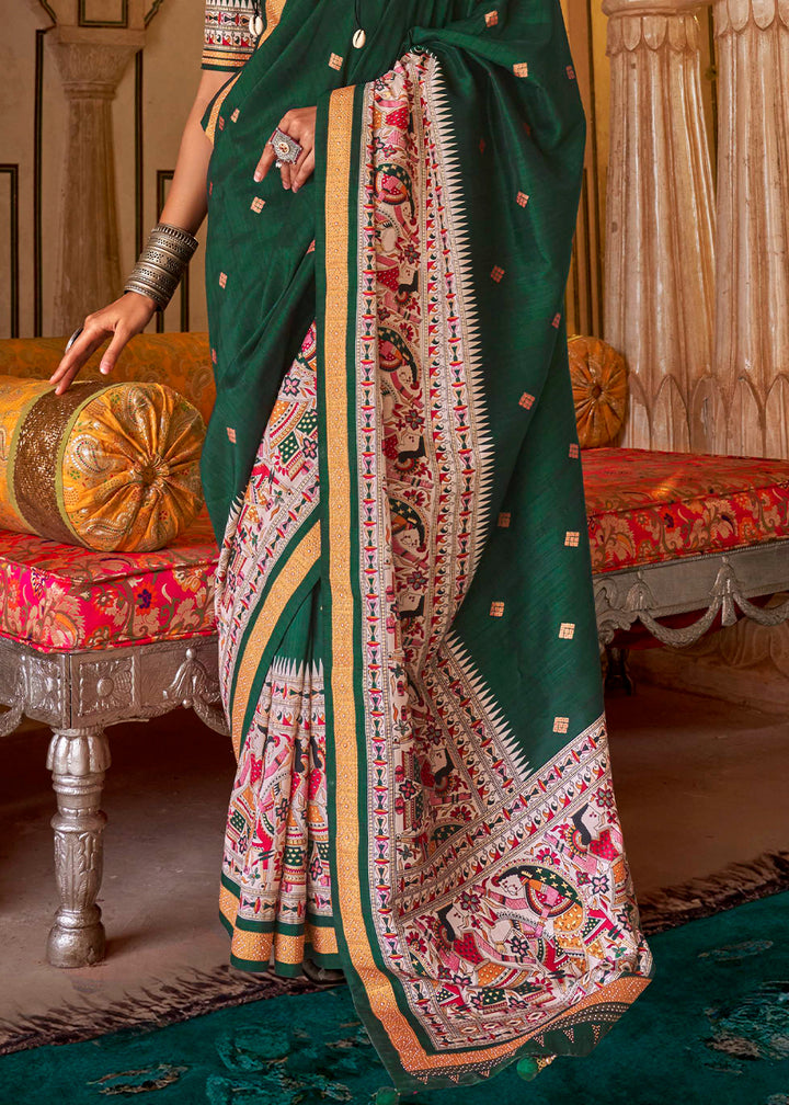 Jungle Green Viscose Silk Saree with Luxury Print & Dew Drop Detailing