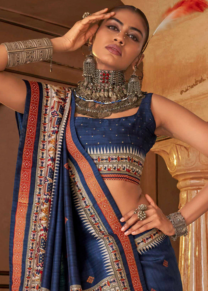 Berry Blue Viscose Silk Saree with Luxury Print & Dew Drop Detailing