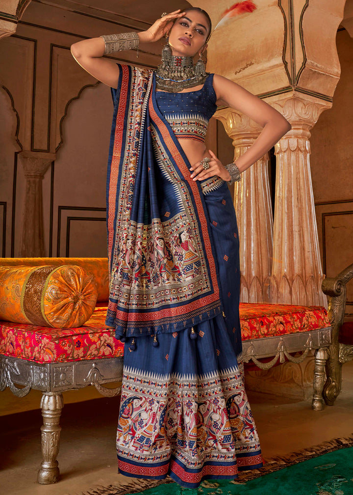 Berry Blue Viscose Silk Saree with Luxury Print & Dew Drop Detailing