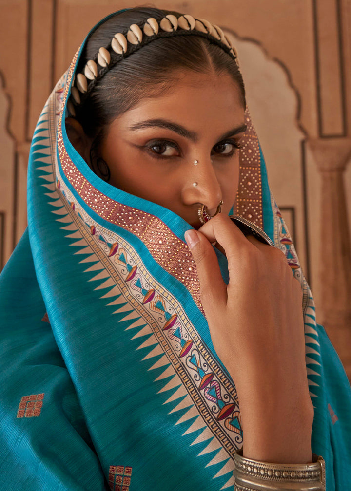 Cerulean Blue Viscose Silk Saree with Luxury Print & Dew Drop Detailing