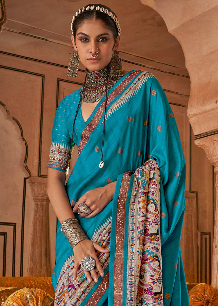 Cerulean Blue Viscose Silk Saree with Luxury Print & Dew Drop Detailing