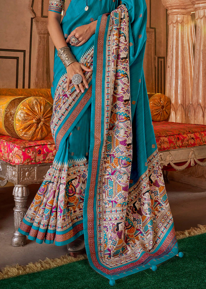 Cerulean Blue Viscose Silk Saree with Luxury Print & Dew Drop Detailing