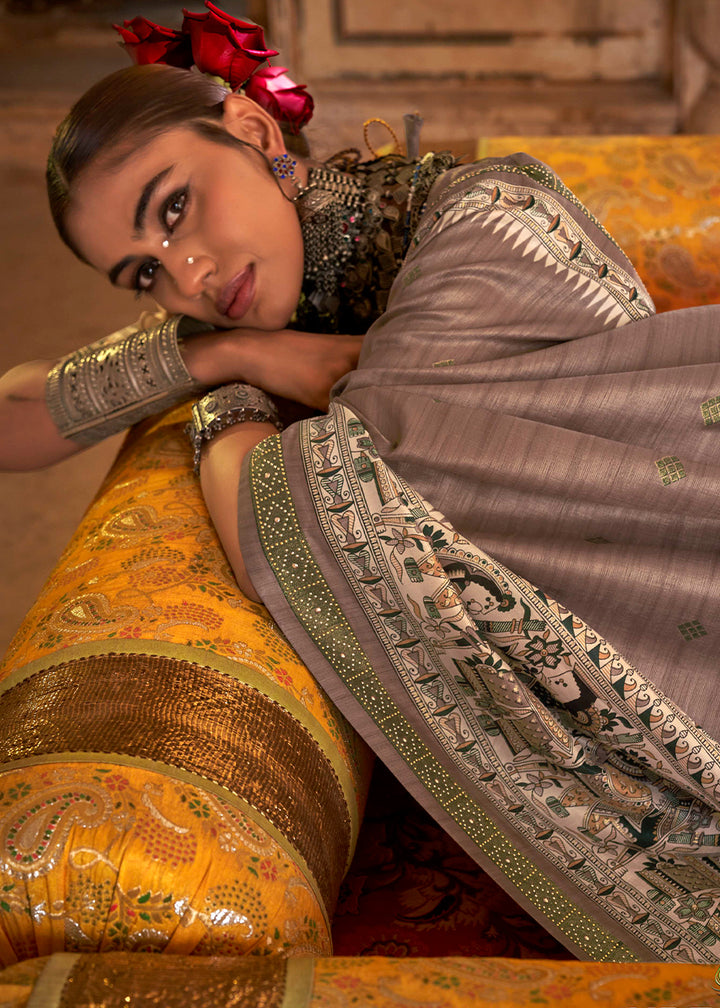 Brownish Purple Viscose Silk Saree with Luxury Print & Dew Drop Detailing