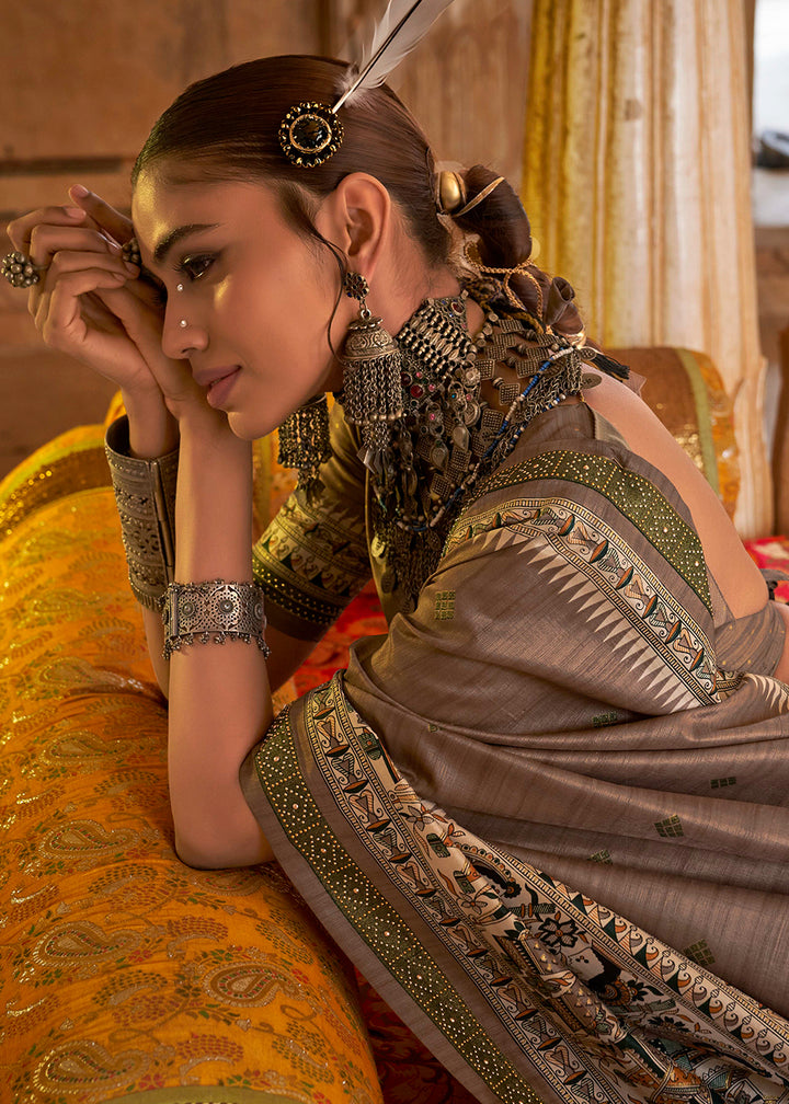 Brownish Purple Viscose Silk Saree with Luxury Print & Dew Drop Detailing