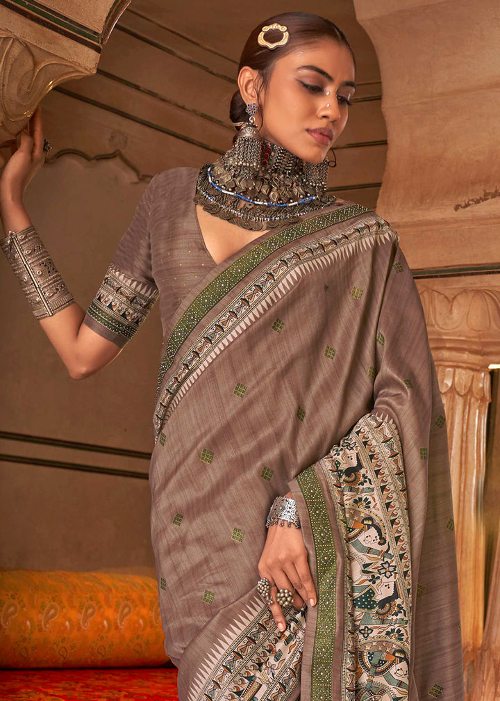 Brownish Purple Viscose Silk Saree with Luxury Print & Dew Drop Detailing
